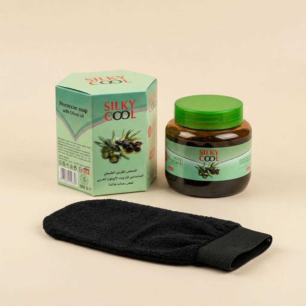 Silky Cool Moroccan Soap Authentic Olive Oil Bath with Glove
